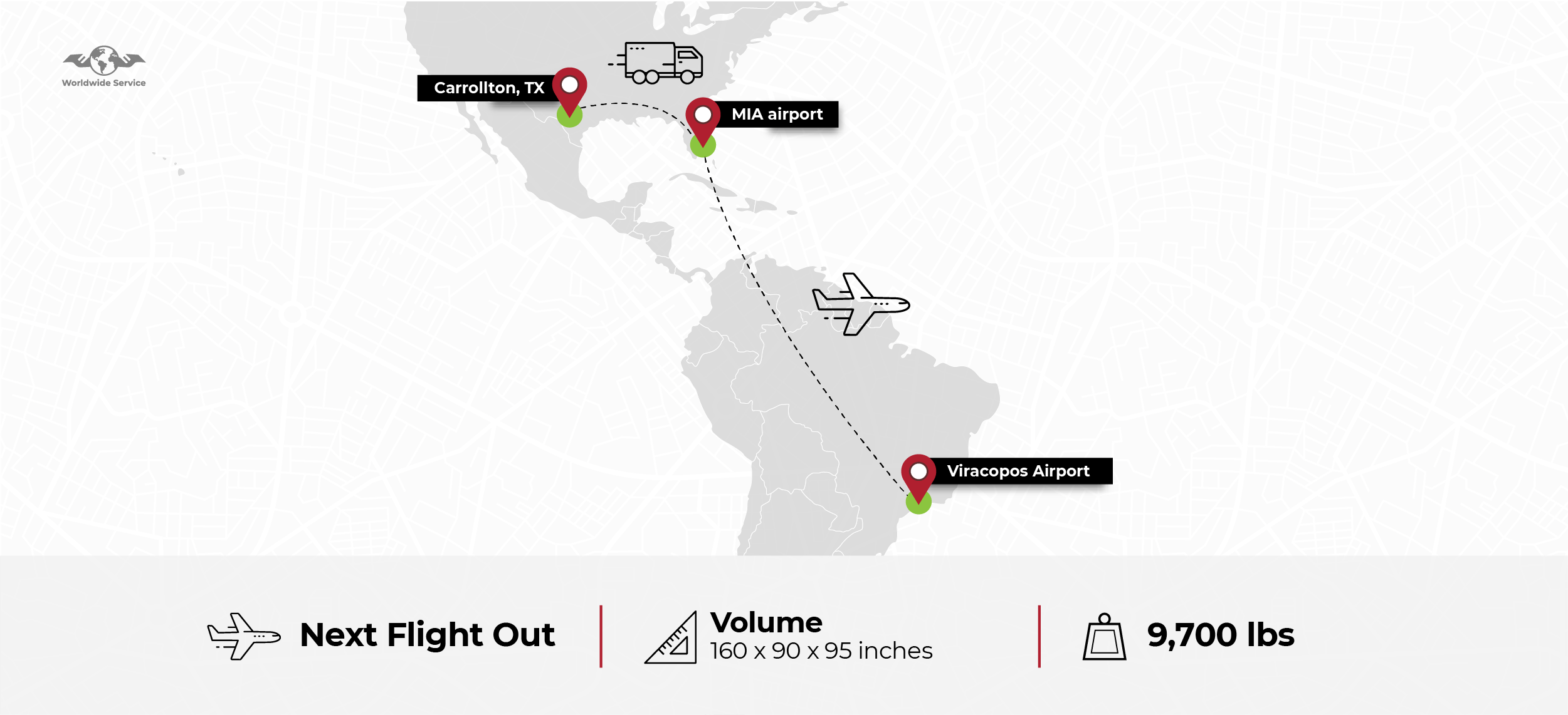 Image of a map that shows the aircraft engine route, from Carrollton to Miami Airport in a Ground Freight Unit and from Miami Airport to Viracopos Airport (in Sao Paulo, Brazil) in a direct flight. 