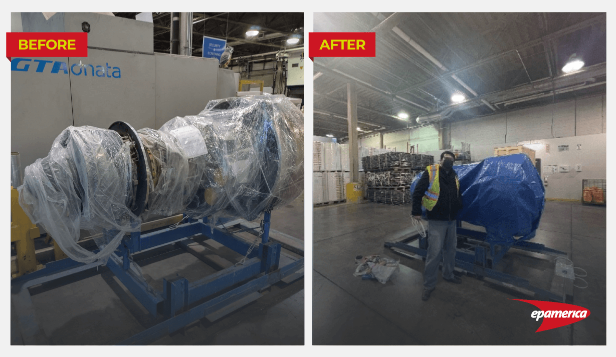 Before and after pictures of the engine as we found it and one of our aviation logistics experts with the GE CF34-E engine correctly packed. 